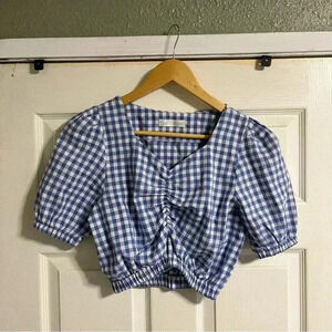 Gingham blue crop top puffy sleeve bubble sleeve top small